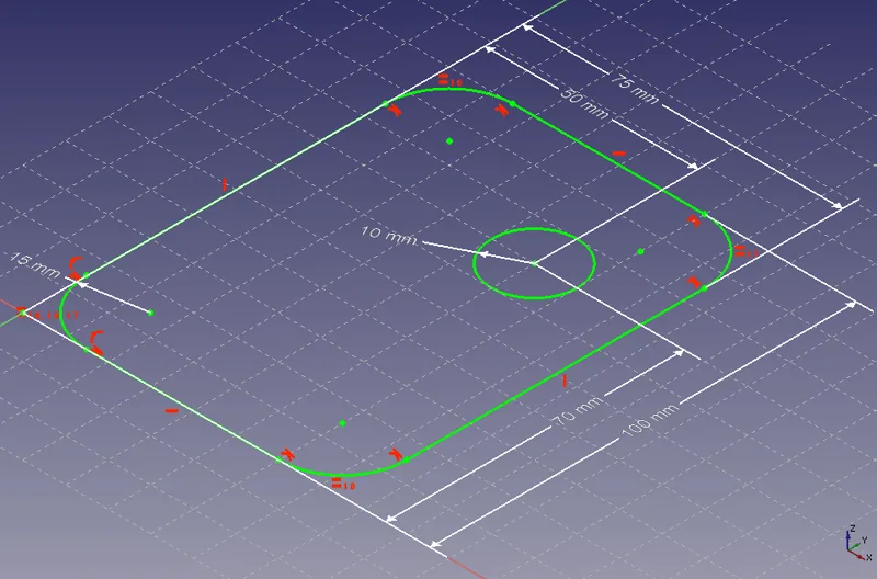 Zwymiarowany szkic prostokątnej płytki z zaokrąglonymi narożnikami i otworem w programie FreeCAD