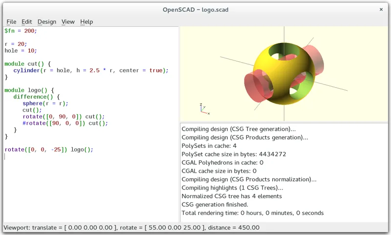 Okno programu OpenSCAD z edytorem skryptu po lewej i podglądem modelu 3D po prawej